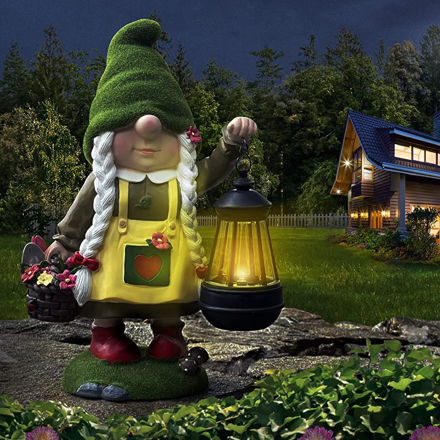 花园雕塑太阳能女性花园小矮人户外搞笑提灯摆件树脂工艺品批发