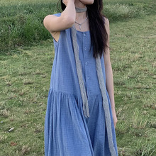 夏季蓝色格纹背心裙2024韩版新款设计感气质温柔风单排扣连衣裙女
