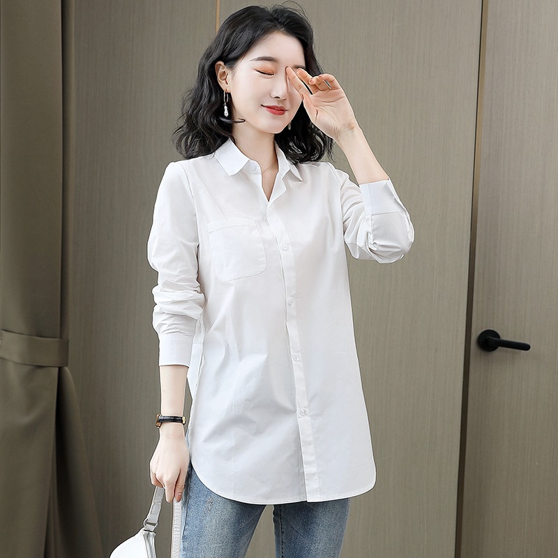 棉白衬衫女中长款2021春秋季韩版时尚长袖职业上衣宽松休闲衬衣潮