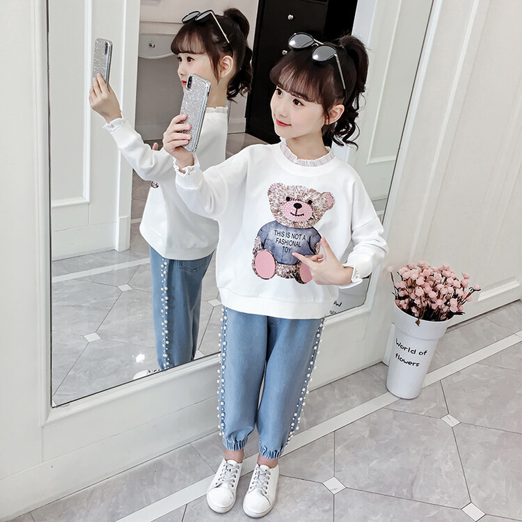 Girls' Sweater Spring Child Bear Printed Pullover Autumn Lace Long-Sleeved Bottoming Shirt Outer Wear One Piece Dropshipping