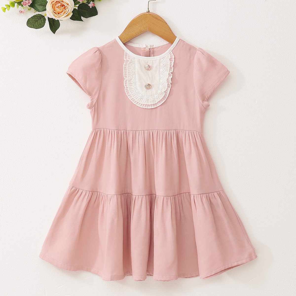 2022夏季新款童装粉色娃娃领短袖连衣裙外贸热销儿童衣服一件代发