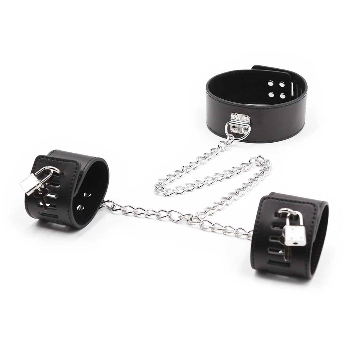 sm成人情趣用品黑色皮革锁扣手颈铐链条固定束缚颈套性爱调教手铐