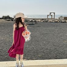 女童火龙果色连衣裙2024夏季新款童装小女孩系带露肩度假海边长裙