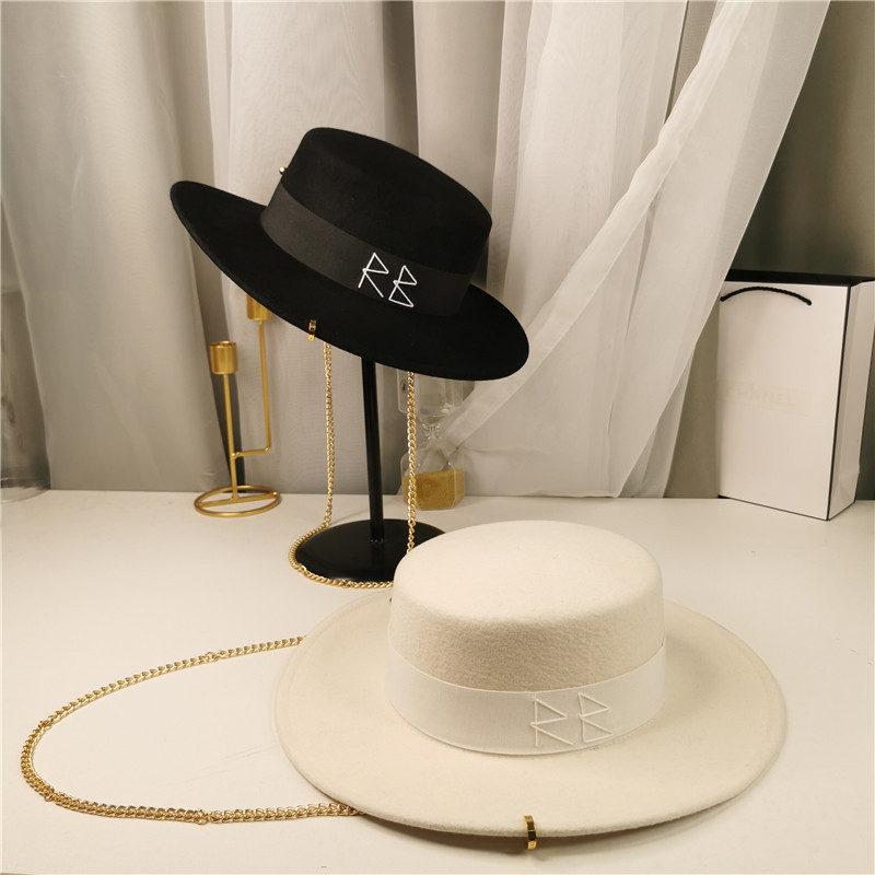 欧美复古字母金色链条羊毛大沿帽朋克英伦大帽檐礼帽女秋冬平顶帽
