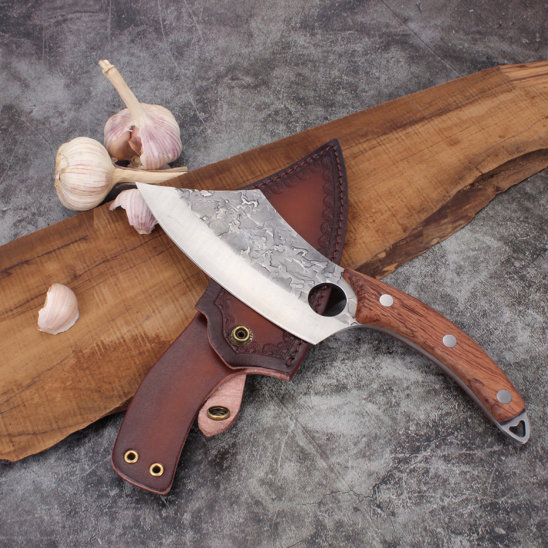 锻打指环小菜刀锤纹花梨木柄高碳钢家用户外杀鱼剔骨割肉屠宰刀