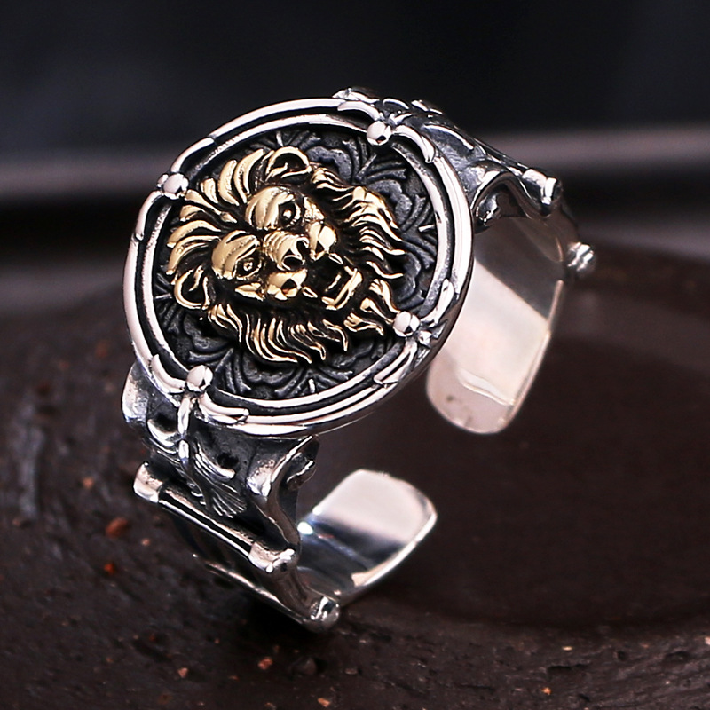 s925泰银复古泰银手工银开口立体狮子头像戒指男士潮个性单身戒