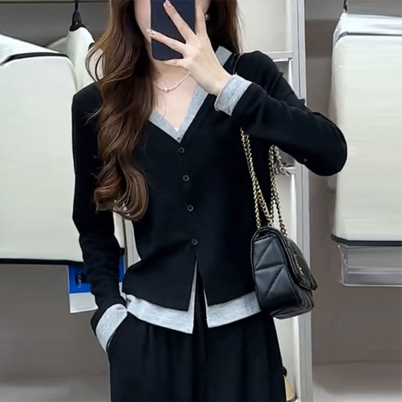 外贸纽扣开衫假两件长袖T恤女秋季修身内搭外穿短款打底衫上衣