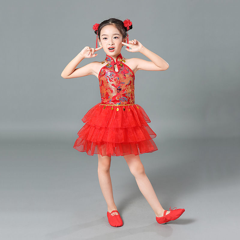 六一说唱中国红儿童喜庆舞蹈演出服女童打鼓开门红幼儿舞台表演服