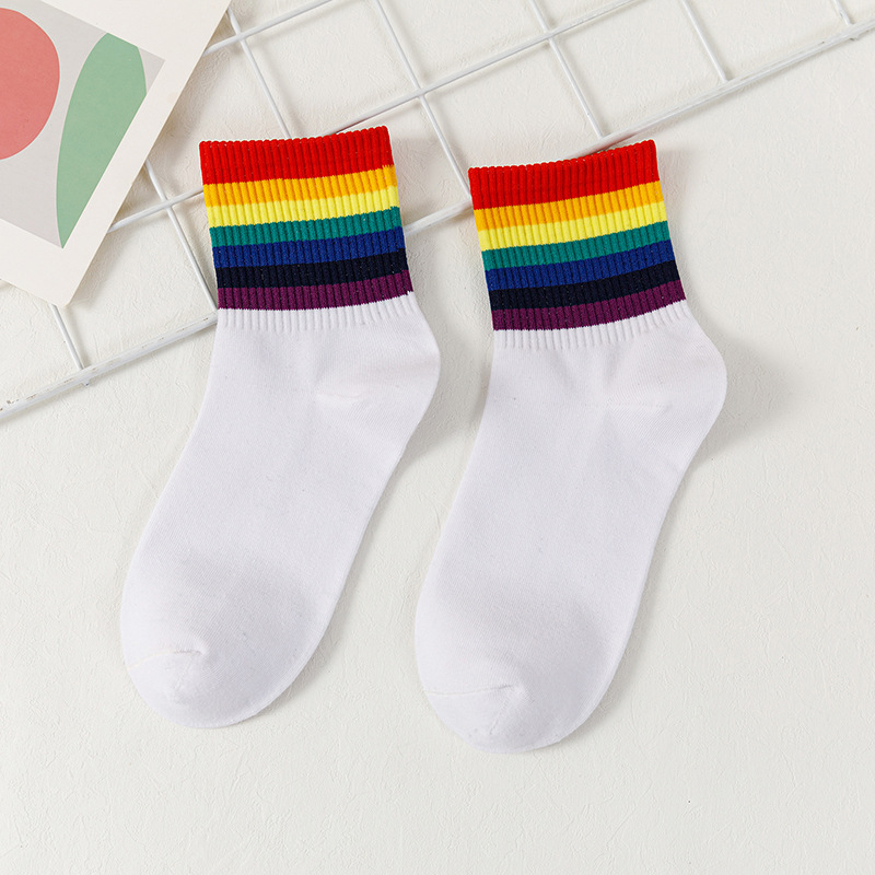 Women's Socks Spring and Summer New Japanese Rainbow Striped Mid-Calf Length Socks Women's Couple Internet Celebrity All-Matching Athletic Socks Medium Stockings
