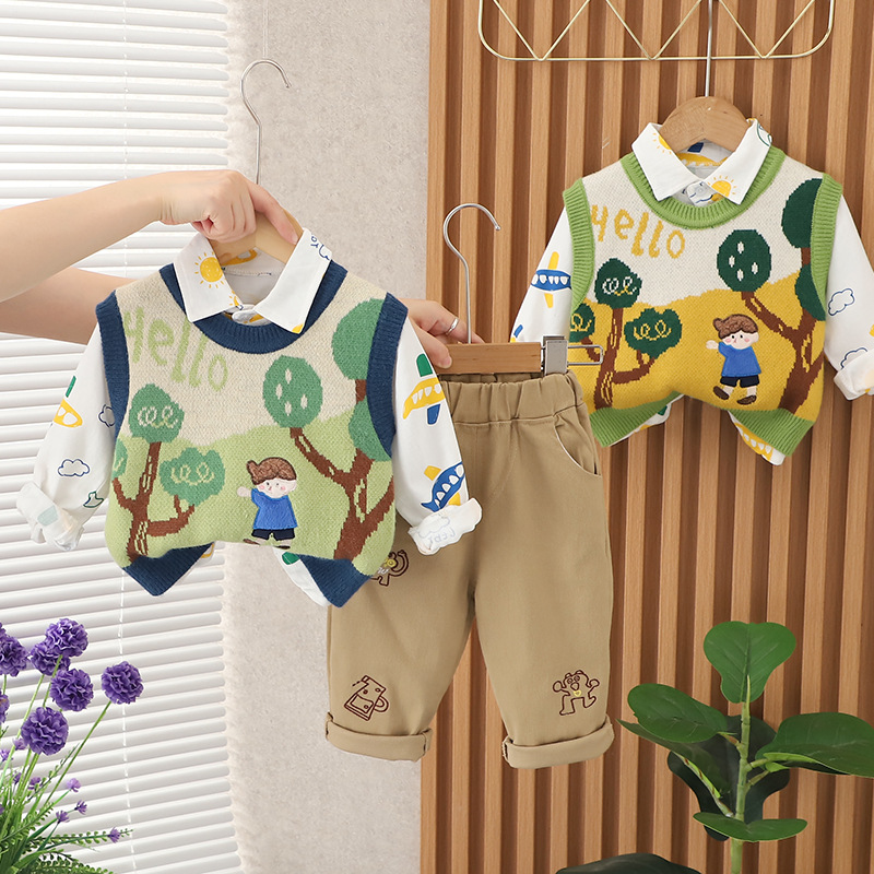 Boy Girl Baby Cardigan Vest Three-Piece Set 2024 New Autumn Suit Fashionable Autumn Clothing Cartoon Suit