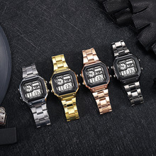 外贸男士手表时尚LED夜光学生电子手表方表钢带手表男电子表批发