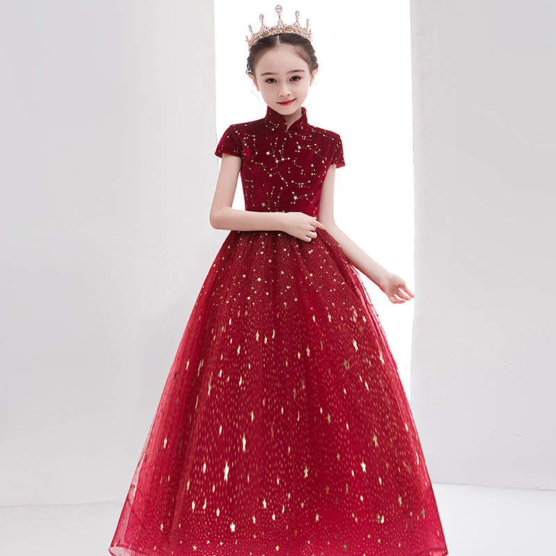 儿童礼服公主裙洋气女童朗诵红色蓬蓬纱大合唱服钢琴演奏演出服