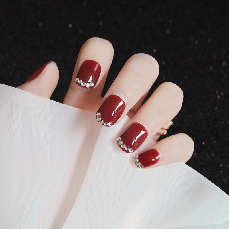 短款镶钻带钻超薄假指甲贴片 贵气酒红闪钻显白美甲成品 穿戴甲片