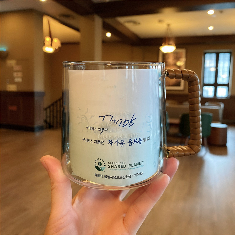 日韩风格新款透明渐变海洋藤编把手玻璃水杯咖啡卡通藤条杯