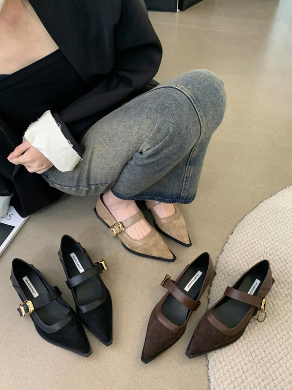 法式粗跟黑色尖头单鞋女鞋子2024新款春夏冬中高跟晚晚鞋玛丽珍鞋