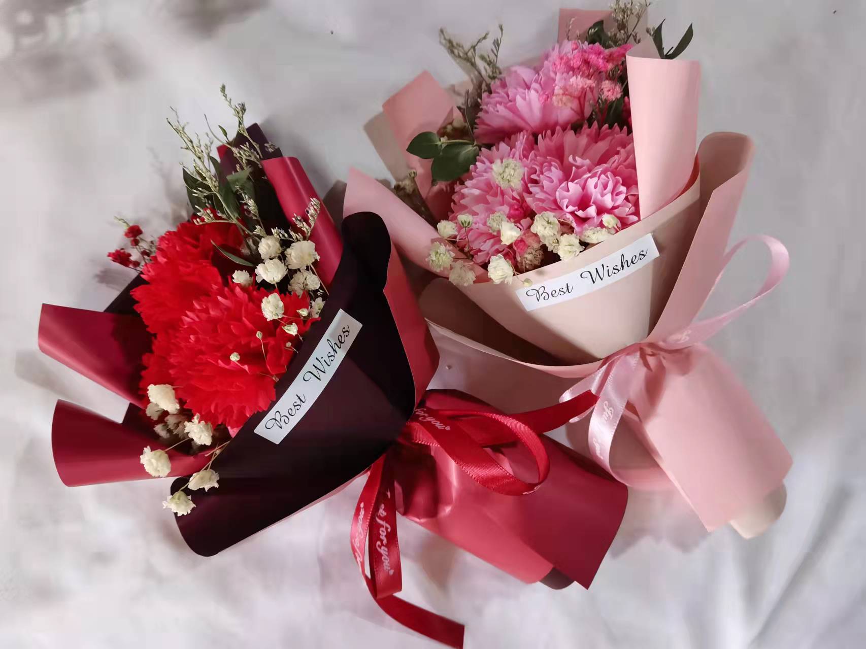 母亲节三朵康乃馨小花束香皂花干花仿真花束节日礼盒搭配花束