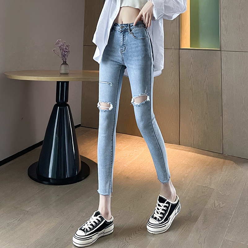 Ripped Ankle-Tied Jeans Women's Summer Thin New Slim Slimming High Waist Cropped Tight Pencil Pants