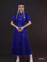蒙古元素服装男民族女士拍照蓝色连衣裙显瘦草原提花短袖礼服怀旧
