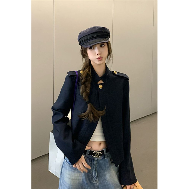 韩系老钱风高级感修身正肩夹克上衣女秋季新款藏青色通勤立领外套