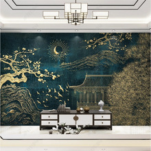 8d新中式古典金色电视背景墙纸建筑山水梅花松林客厅沙发壁画墙布