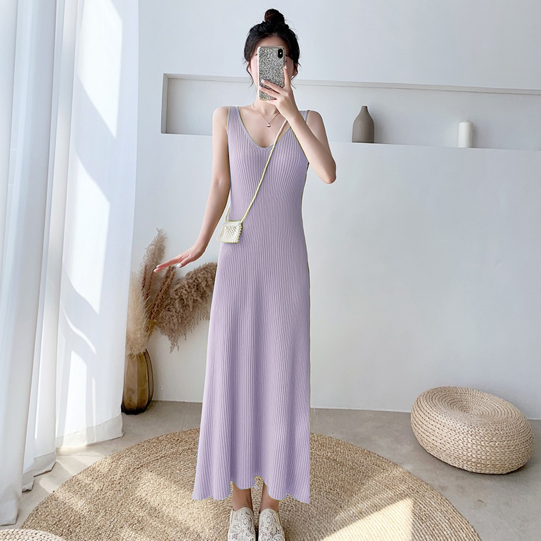 2023 New Summer Ice Silk Knitted Suspender Dress Women's Thin Inner Match Mid-Length Sleeveless Split Vest Dress