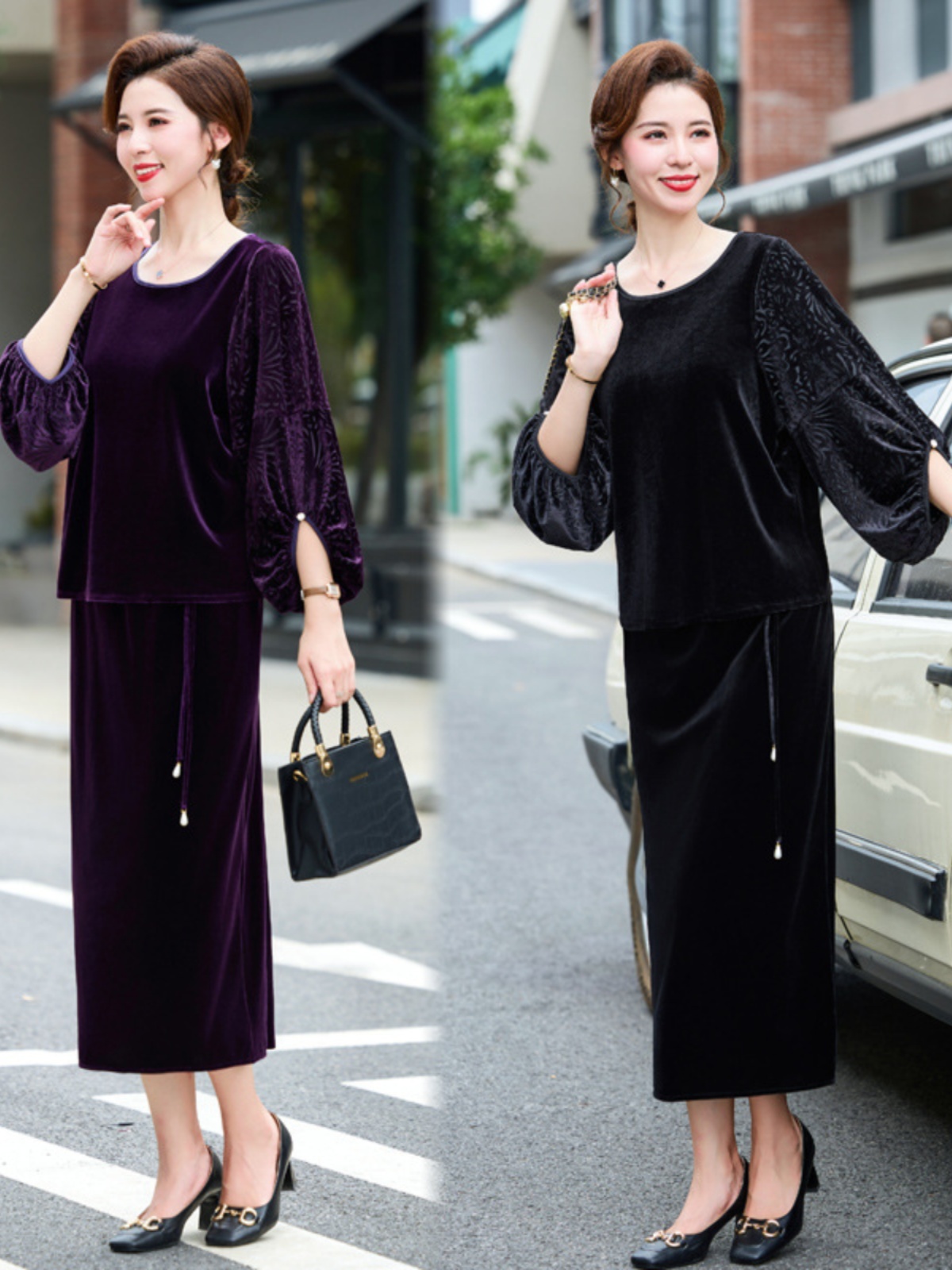 中老年女装气质金丝绒套装秋装2023新款洋气妈妈装时尚两件套裙子