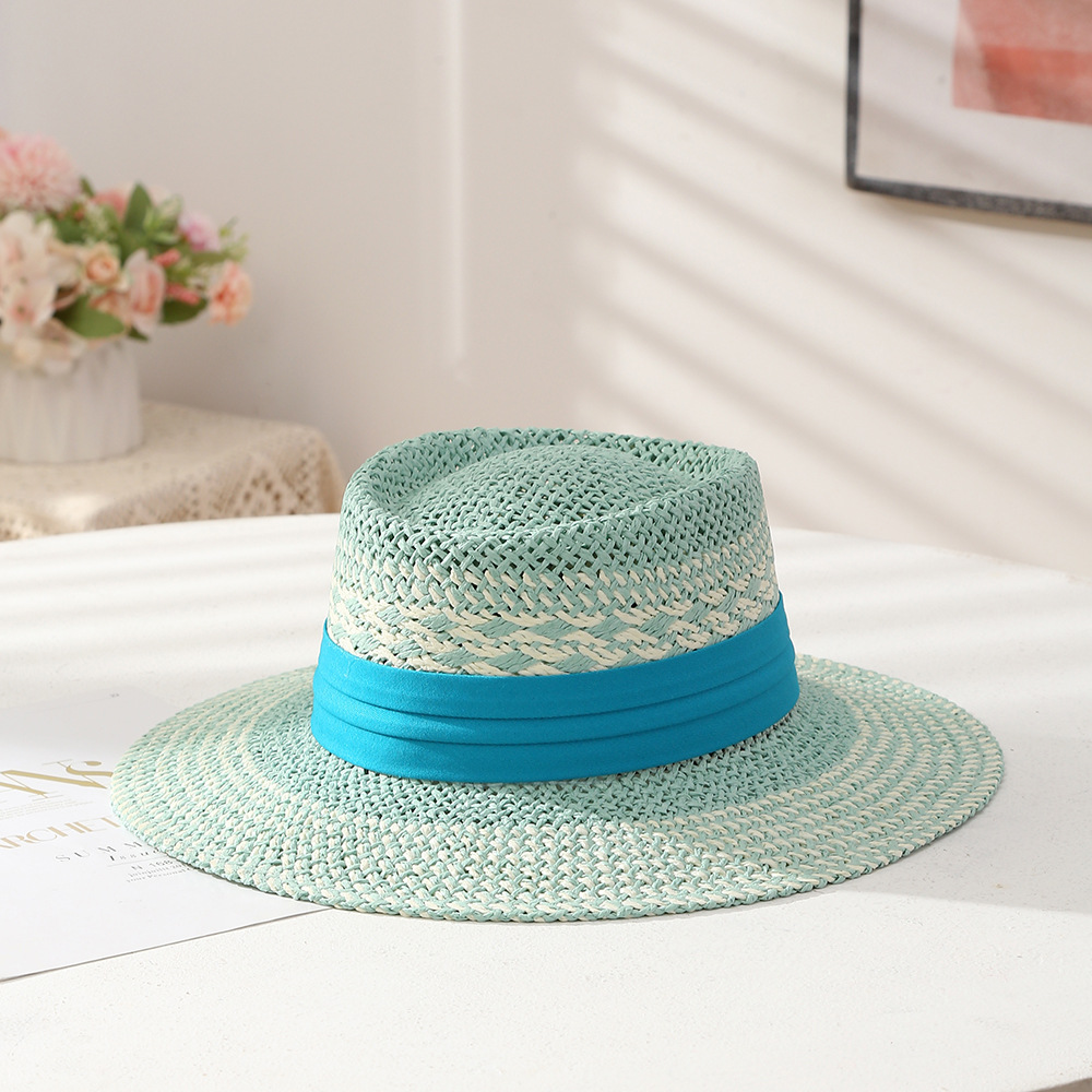 British Style Color Matching Hand-Woven Straw Hat Female Summer Artistic Travel Vacation Hat Wide Brim Flat Top Hat Tide