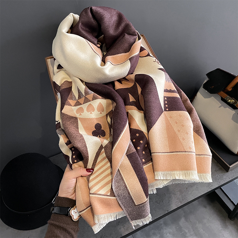 2023 Autumn and Winter New Artificial Cashmere Scarf Female Cartoon Poker Pattern Warm All-Matching Long Shawl