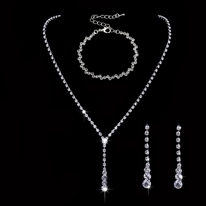 Bridesmaid Dance Costume Rhinestone Jewelry Set Bridal Wedding Metal Zircon Water Drop Wave Necklace Earrings Bracelet