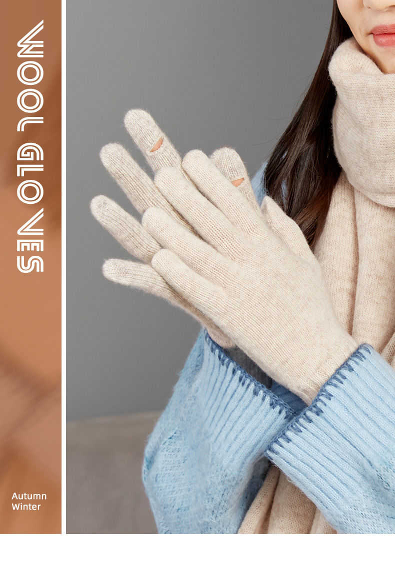 cacuss纯羊毛秋冬季五指手套冬天女士开车针织保暖防风薄款加长女