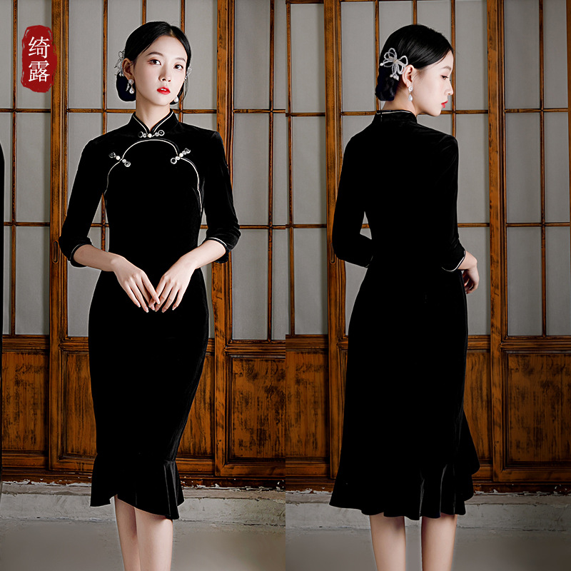 秋冬丝绒改良旗袍中长款鱼尾裙年轻款民国风连衣裙敬酒服一件代发