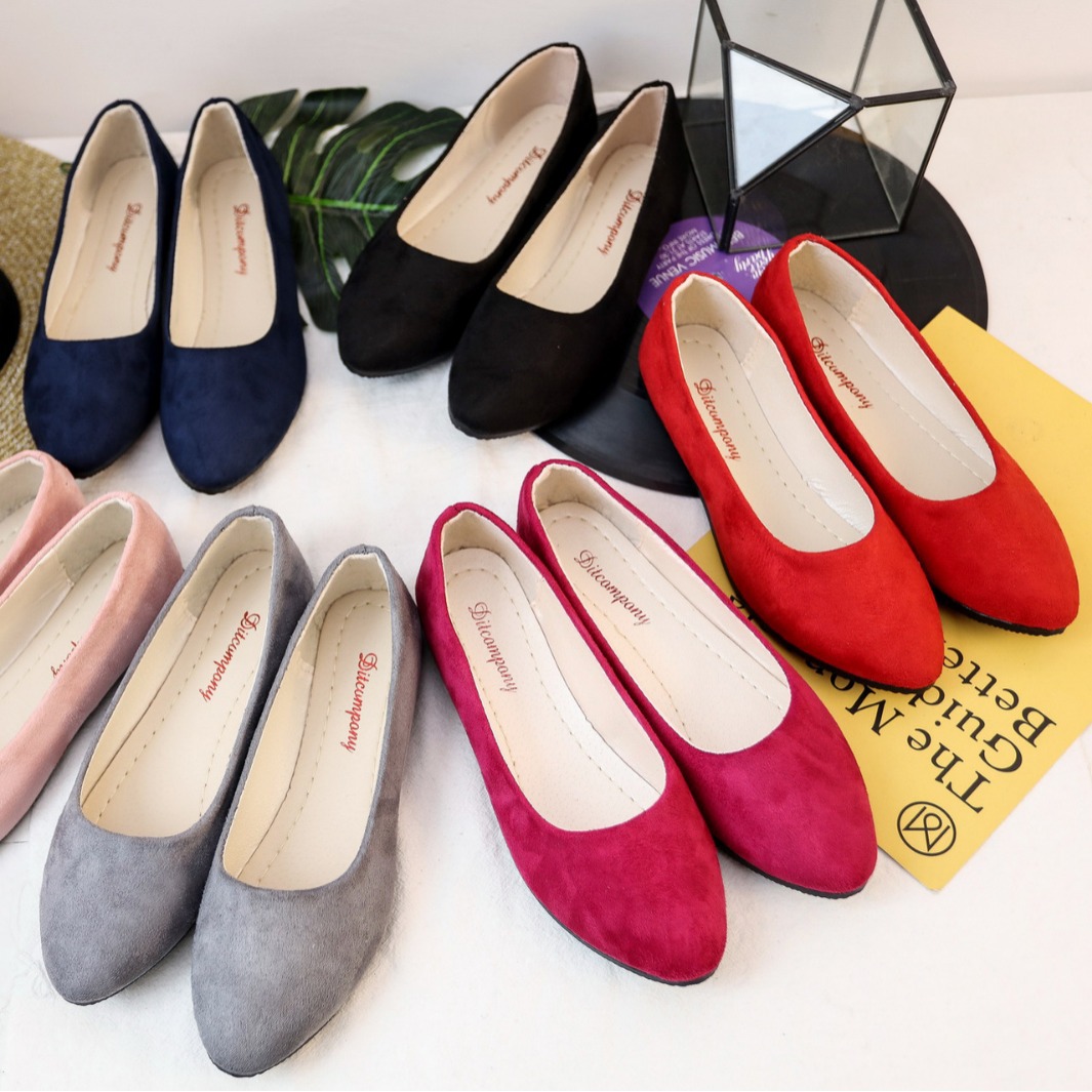 2024春秋尖头单鞋时尚平底鞋女韩版绒面浅口单鞋女鞋大码外贸爆款