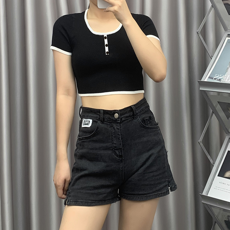 小香风双c圆领短袖夏季新款性感露脐短款露腰上衣女桑蚕丝针织衫