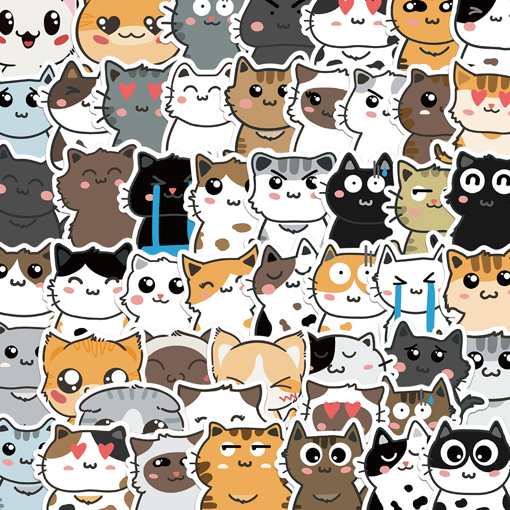 50张可爱卡通形象可爱小猫手账贴纸文具行李箱笔记防水