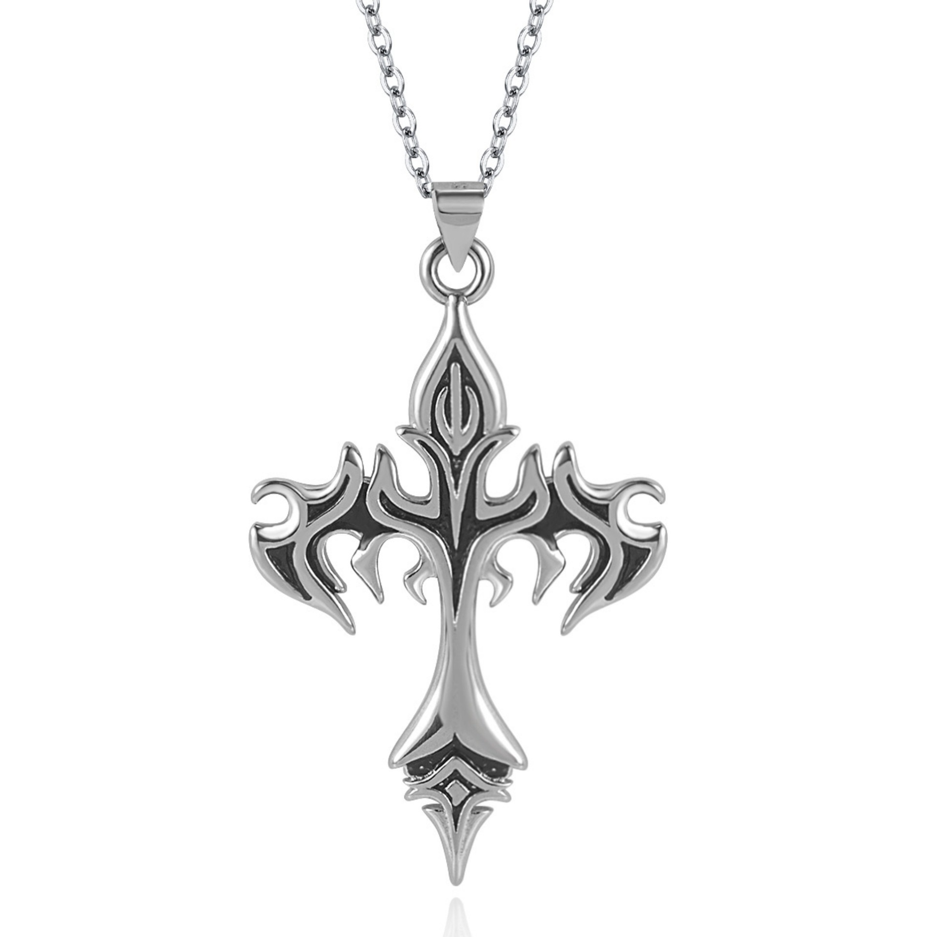 欧美跨境镀泰银燃烧火焰十字架架吊坠项链 嘻哈风格几何男士项坠