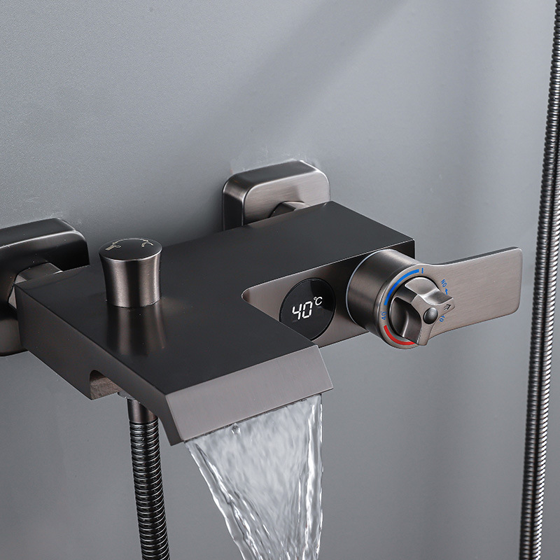 枪灰色白色恒温数显浴缸水龙头浴室卫生间淋浴花洒套装铜体混水阀