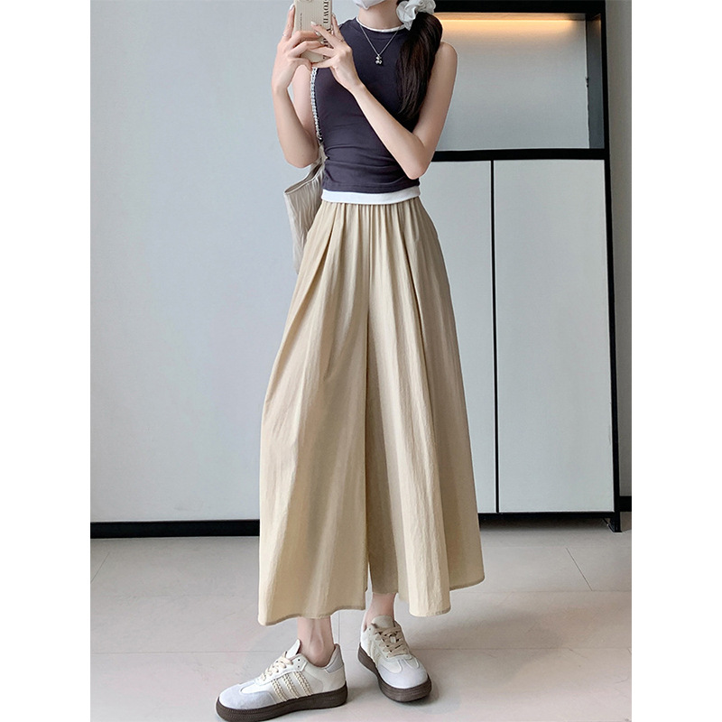 卡其冰丝裙裤女夏季2024新款高腰显瘦垂感宽松休闲慵懒阔腿八分裤
