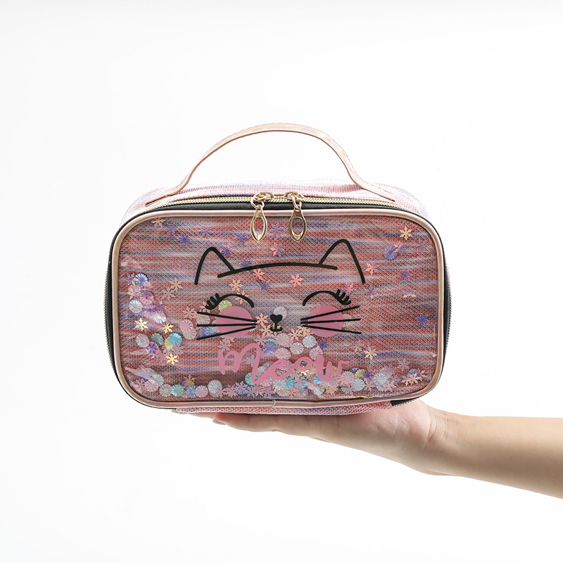 Cat Sequins Simple Cosmetic Bag Large Capacity High-Profile Figure Wash Bag Travel Portable Waterproof Storage Bag