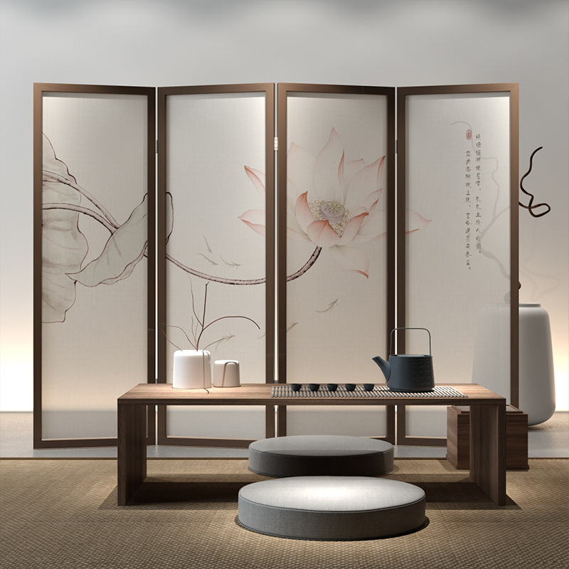 中式简约实木屏风隔断酒店复古古风客厅荷花推拉移动遮挡折叠折屏