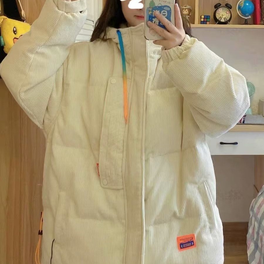 港风灯芯绒加厚连帽休闲棉衣外套女秋冬季韩版宽松学生潮ins棉服