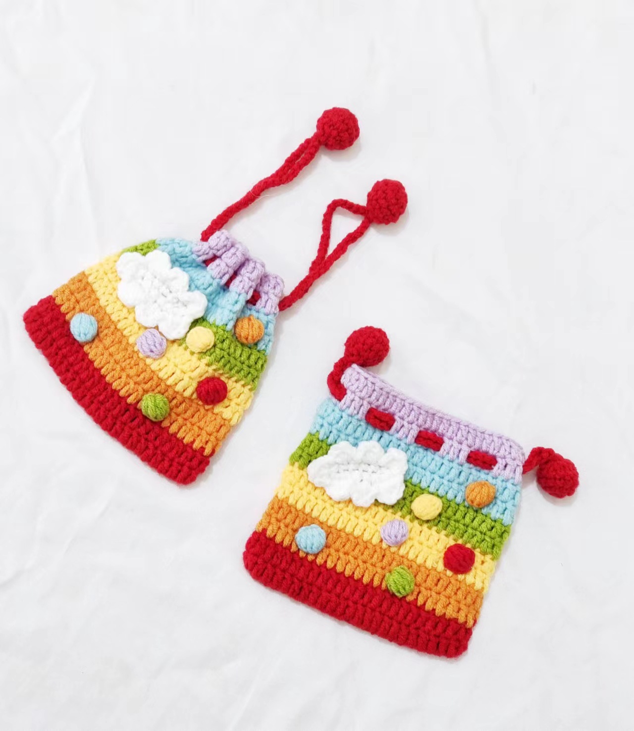 【成品】手工毛线编织束口袋 毛线钩织彩虹卡包成品 女生零钱袋
