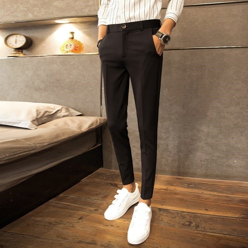 春季男休闲裤青少年纯色修身小脚9分裤潮搭配皮鞋衬衫的百配西裤