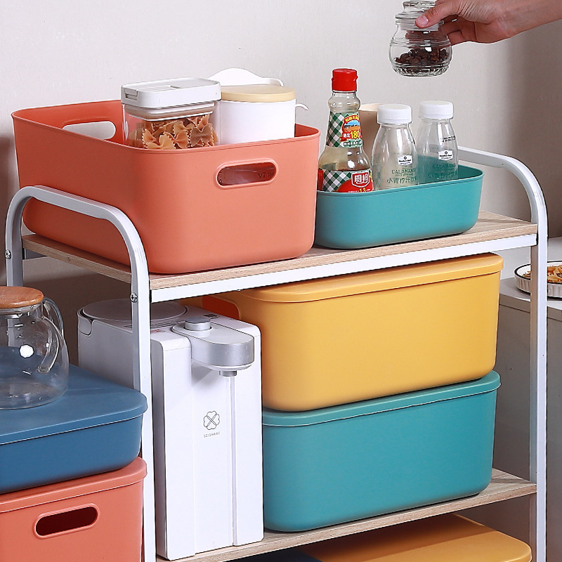 Plastic Storage Box Kitchen Finishing Basket Storage Basket Dustproof with Cover Desktop Toys Car Storage Trunk 0337