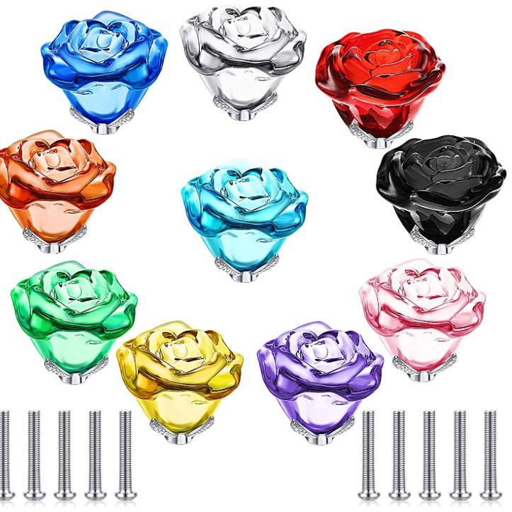 厂家供应玻璃玫瑰花五金家具配件柜门抽屉拉手美式现代粉色鞋柜把