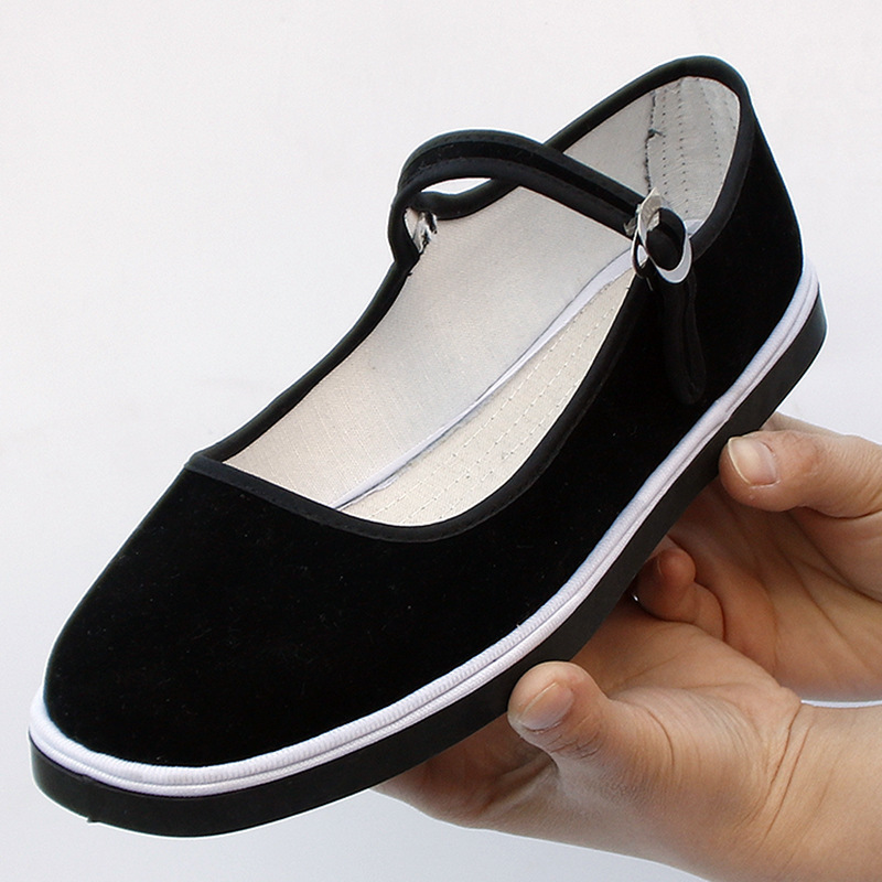 老北京女式方口格子布鞋一字带浅口平底手工上线棉布鞋千层底工艺