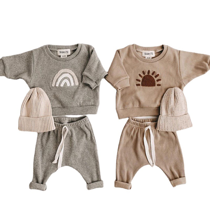 Ins New Baby Suit Spring and Autumn European and American Male Baby Fashion Sun Rainbow Letter Long Sleeve Sweater Trousers Baby Clothes