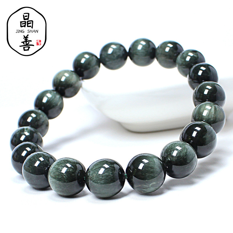天然水晶猫眼阳起石手链绿发共生矿绿色鹰眼阳起石手串actinolite