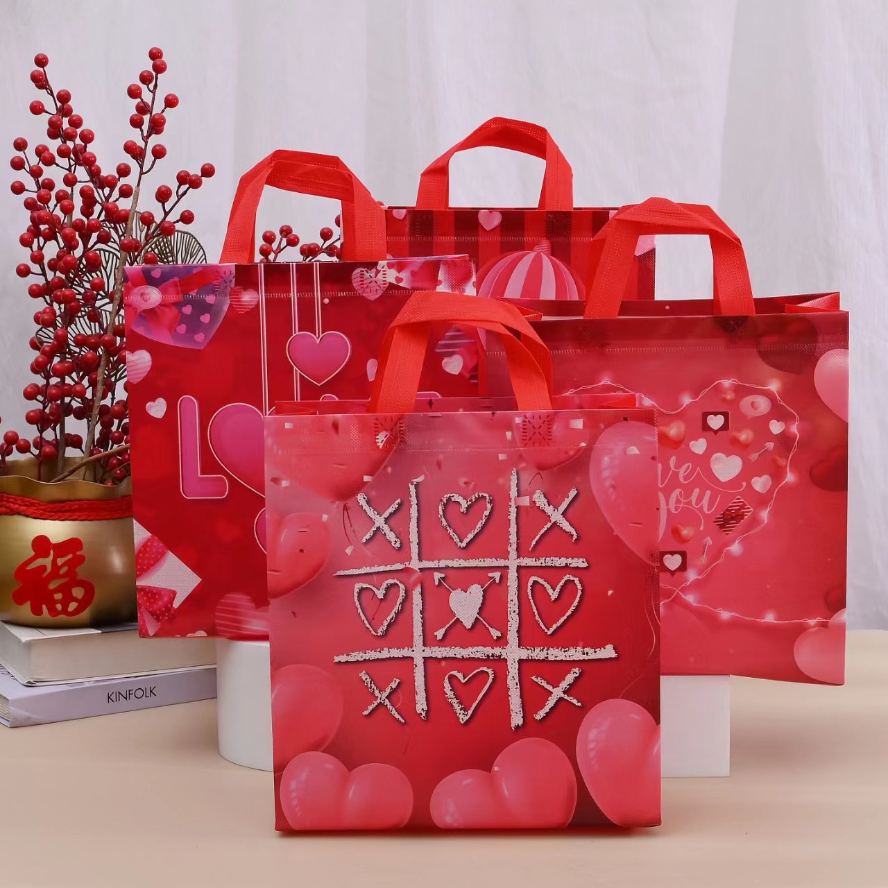 Non-Woven Portable Waterproof Shopping Bag Text Valentine's Day Red Festive Gift Bag Party Gift Packaging Bag Batch