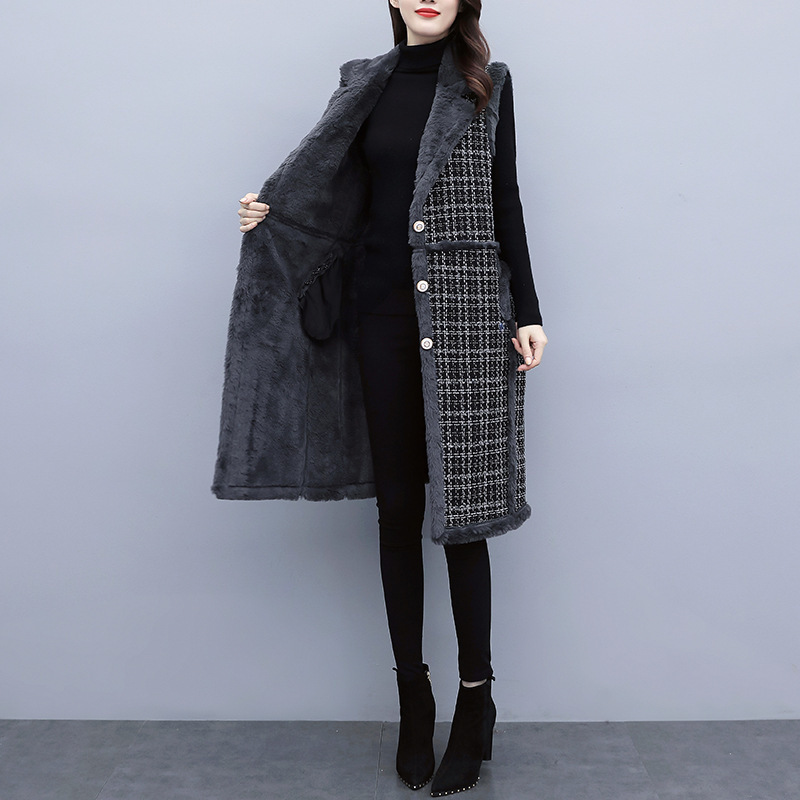 过膝长款马甲外套女2020冬新款胖mm加肥加大小香风毛呢格子马甲潮