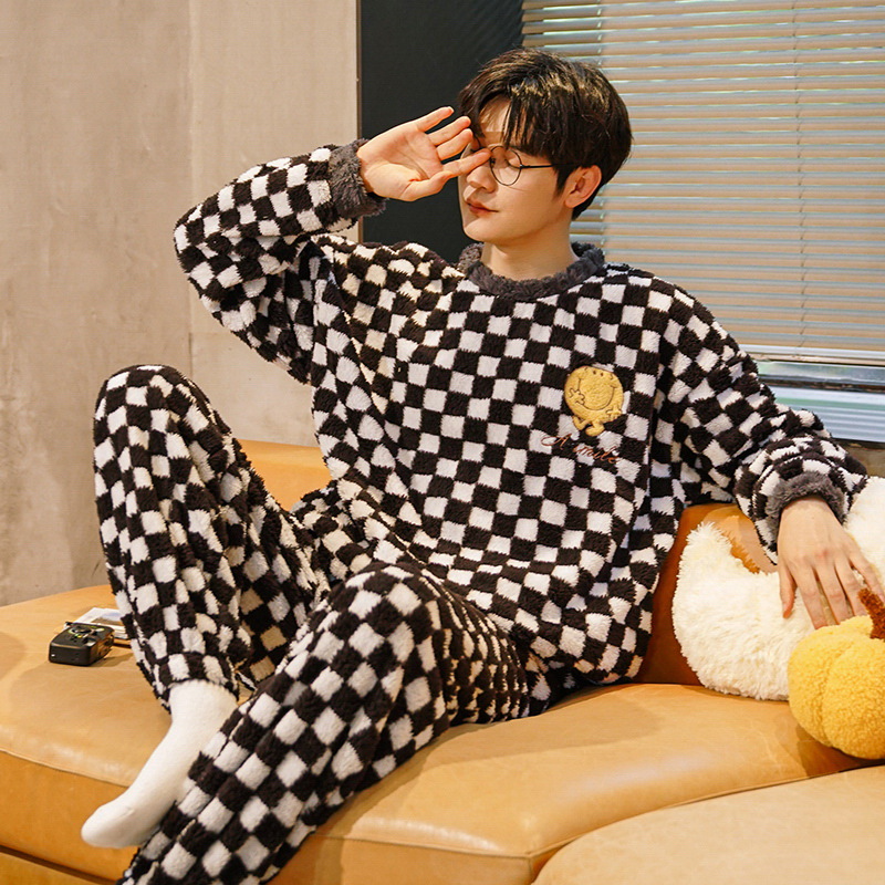 秋冬季保暖珊瑚绒男士睡衣套头宽松家居服韩版加厚法兰绒套装外穿